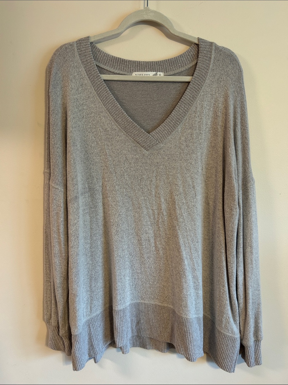 Altar’d State Cozy V-Neck Oversized Sweater in Light Gray